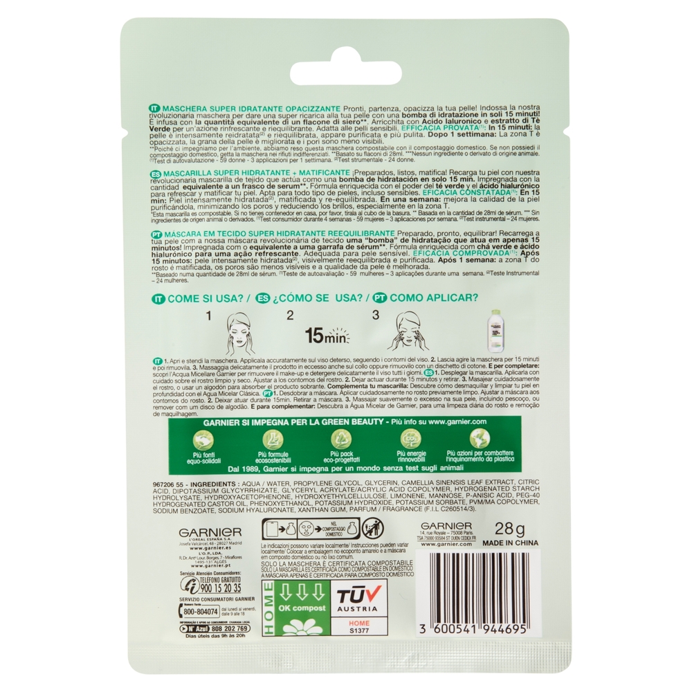 Garnier SkinActive Hydra Bomb Maschera Viso in Tessuto Super Idratante Opacizzante al The Verde